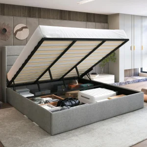 King Size Lift up Hydraulic Large Storage Platform Bed Frame with Fabric Upholstered Panel Wingback Headboard